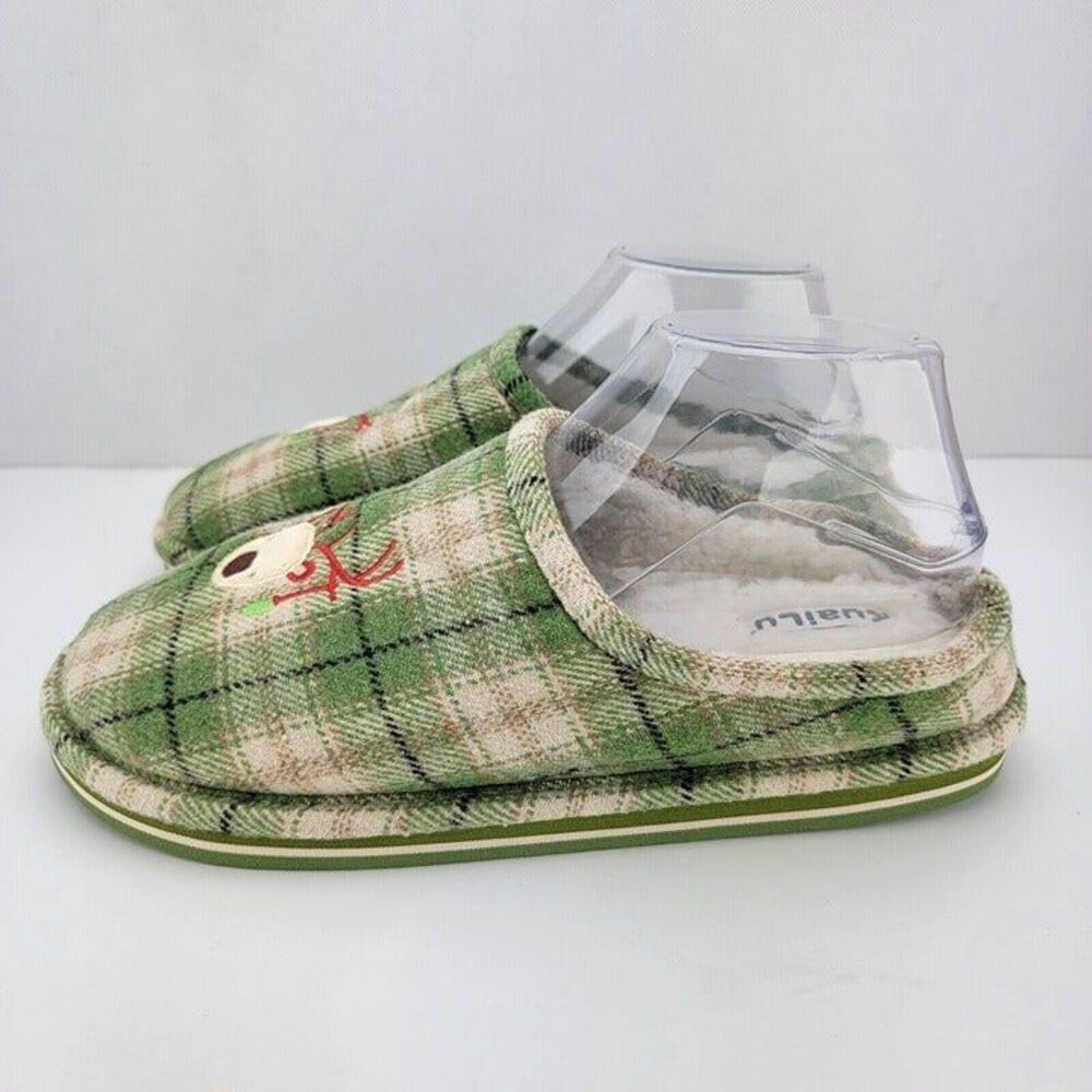 Kuailu Womens Size US11 EU42 Memory Foam Green Plaid Reindeer Slide Slippers